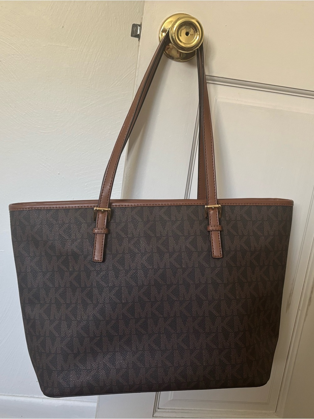 Michael Kors Dark Brown MK Logo Tote with Tan Trim